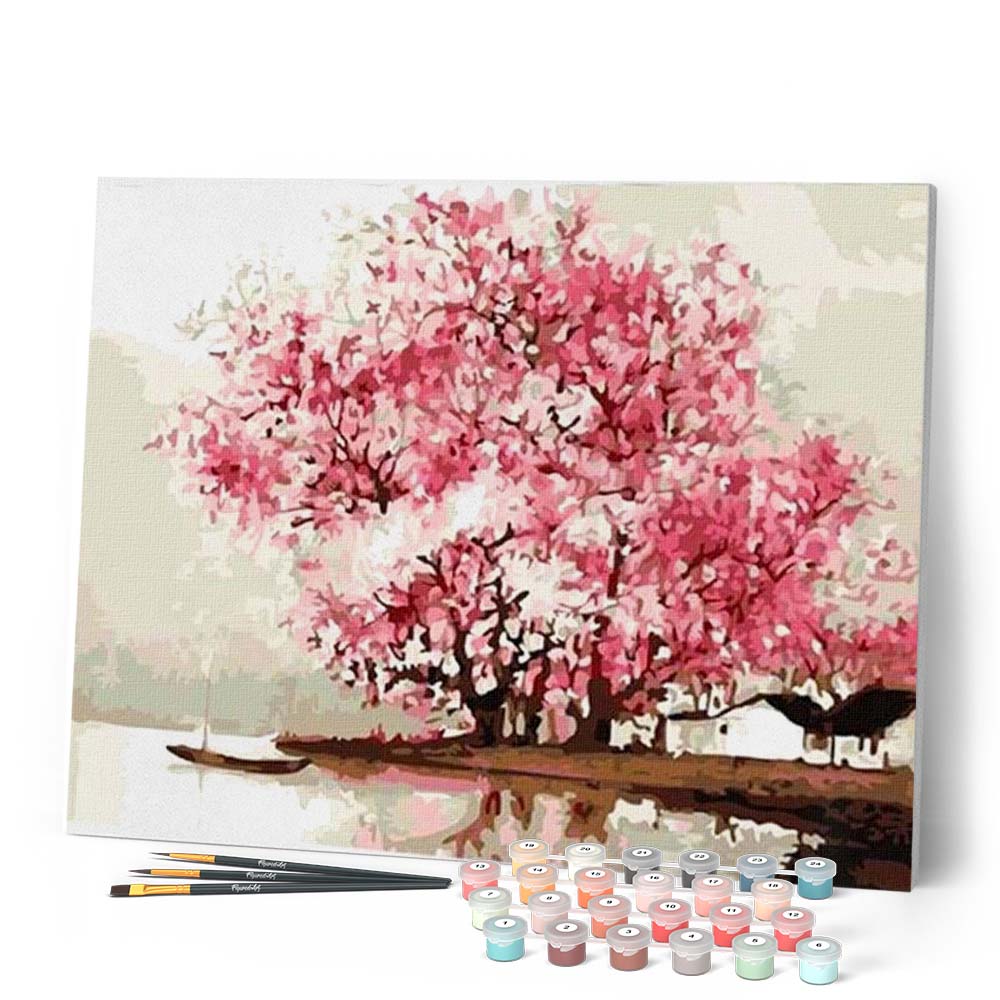Pittura Con I Numeri Wowdecor, Tela Incorniciata 50,8x40,6 Cm. Motivo Esclusivo: Gru Bianca E Albero Di Pesco. Kit Completo Con Colori Acrilici E Pennelli. Rilassati E Crea Arte!