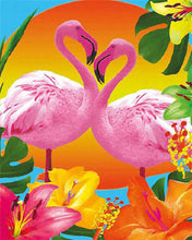 Carica l'immagine nel visualizzatore di Gallery, Dipingere con i numeri - Duo di fenicotteri e fiori tropicali