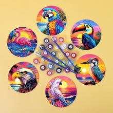 Carica l'immagine nel visualizzatore di Gallery, Set di 6 Sottobicchieri da Dipingere con i numeri (10cm diametro) - Uccelli Tropicali