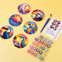 Carica l'immagine nel visualizzatore di Gallery, Set di 6 Sottobicchieri da Dipingere con i numeri (10cm diametro) - Uccelli Tropicali