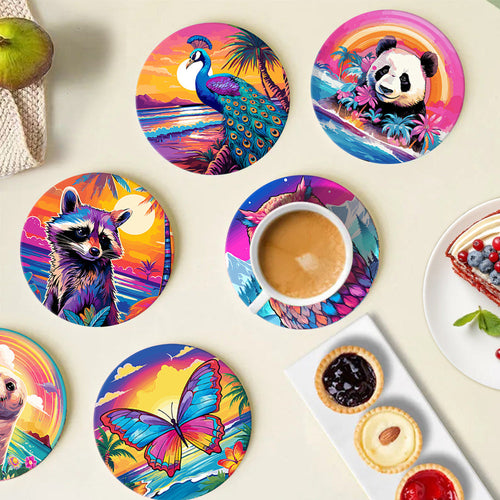 Dipingere con i numeri Sottobicchieri 15cm (6 pezzi) - Serie Fauna con Panda, Procione e Foca