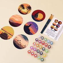 Carica l'immagine nel visualizzatore di Gallery, Set di 6 Sottobicchieri da Dipingere con i numeri (10cm diametro) - Orizzonti al tramonto