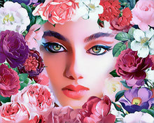 Carica l'immagine nel visualizzatore di Gallery, Diamond Painting - Viso incorniciato dai fiori 40x50cm tela già incorniciata