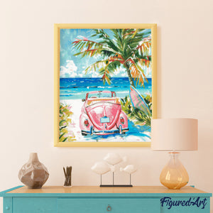 Diamond Painting - Auto rosa vicino al mare