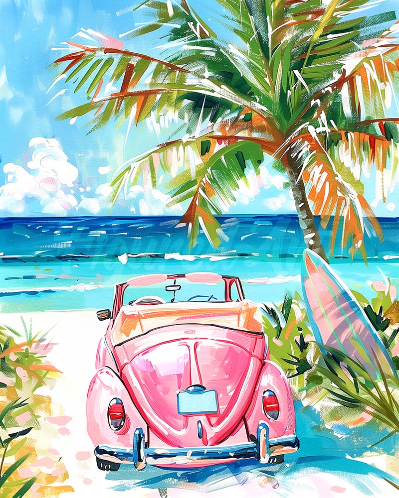 Diamond Painting - Auto rosa vicino al mare