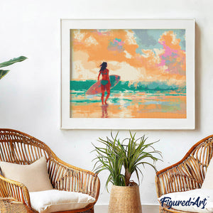 Diamond Painting - Ragazza surfista all'alba