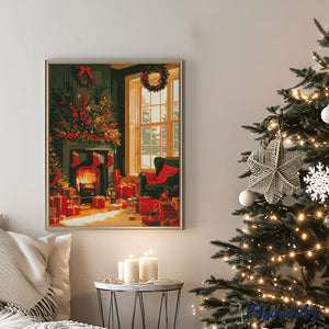 Diamond Painting - Scena festiva davanti al caminetto 40x50cm tela già incorniciata