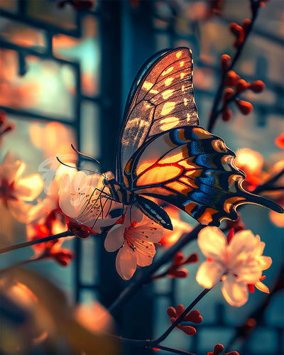 Diamond Painting - Farfalla e Fiori di Ciliegio