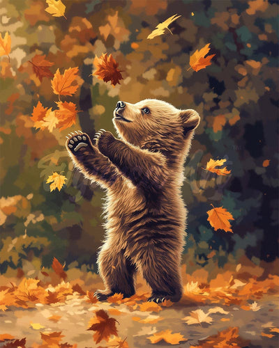Diamond Painting - Orso e foglie autunnali 40x50cm tela già incorniciata