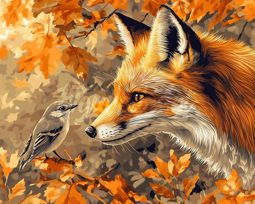 Diamond Painting - Il passertotto e la volpe in autunno 40x50cm tela già incorniciata