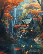 Carica l'immagine nel visualizzatore di Gallery, Diamond Painting - Cottage autunnale vicino alla cascata