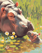 Carica l'immagine nel visualizzatore di Gallery, Diamond Painting - Cucciolo di ippopotamo che bacia la mamma