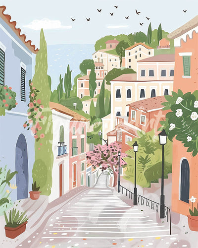 Diamond Painting - Paese Pastello sulla Collina