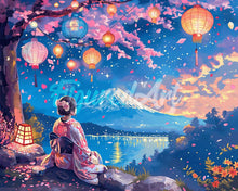 Carica l&#39;immagine nel visualizzatore di Gallery, Diamond Painting - Ragazza, Lanterne e Monte Fuji 40x50cm tela già incorniciata