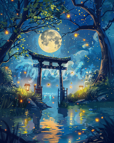 Diamond Painting - Torii al Chiaro di Luna e Lucciole 40x50cm tela già incorniciata