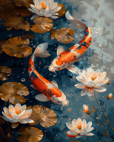 Diamond Painting - Carpe Koi Vintage e Fiori 40x50cm tela già incorniciata