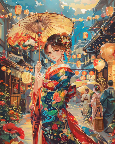 Diamond Painting - Ragazza in Kimono al Festival delle Lanterne 40x50cm tela già incorniciata