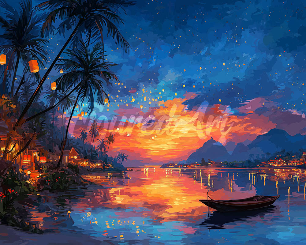 Diamond Painting - Tramonto sulla Spiaggia con Lanterne