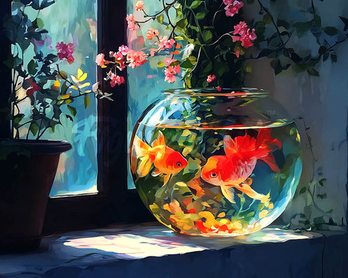Diamond Painting - Boccia dei Pesci sul davanzale