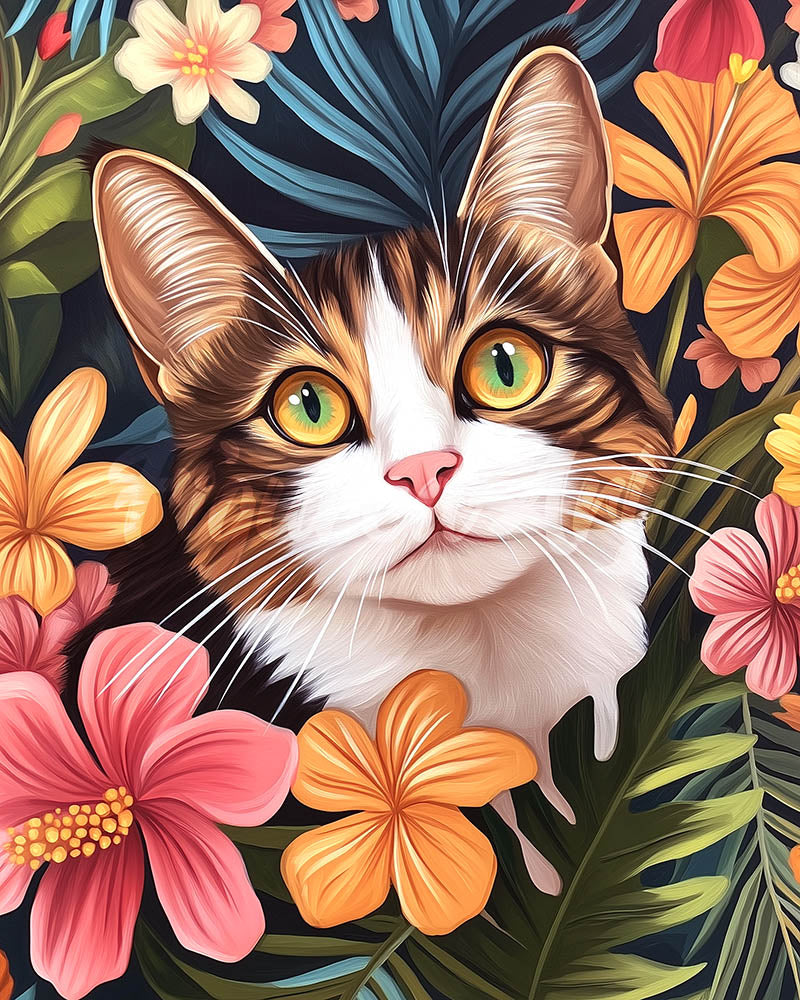 Diamond Painting - Gatto con Fiori Tropicali