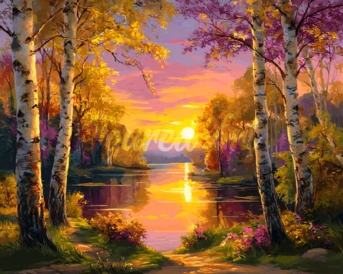 Diamond Painting - Lago tra le Betulle al Tramonto