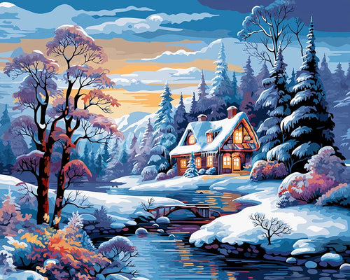 Diamond Painting - Cottage Invernale sul Fiume 40x50cm tela già incorniciata