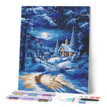 Carica l'immagine nel visualizzatore di Gallery, Diamond Painting - Cottage Invernale al Chiaro di Luna