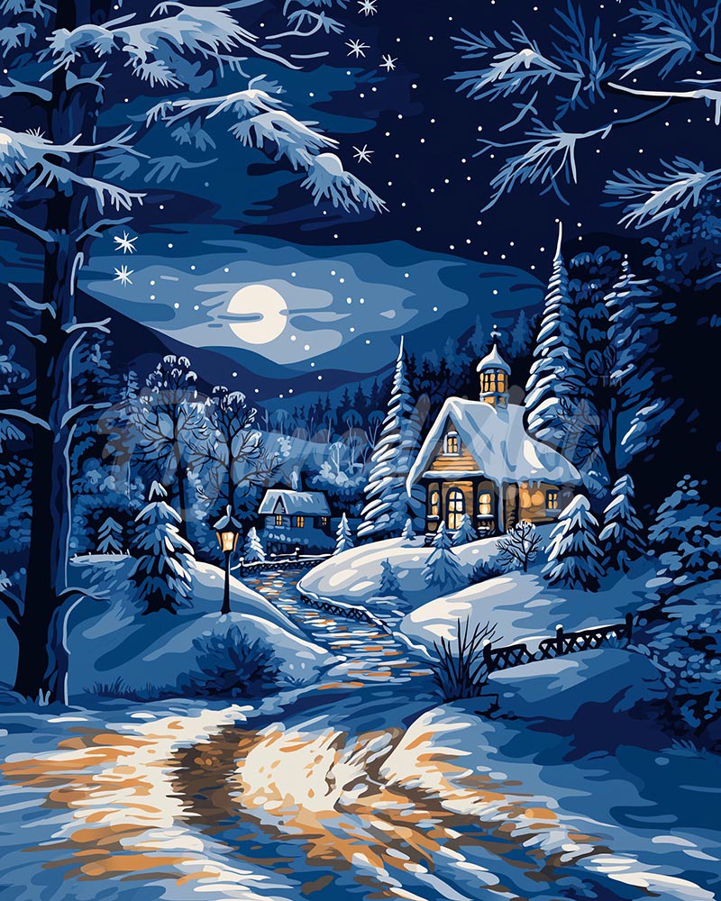 Diamond Painting - Cottage Invernale al Chiaro di Luna