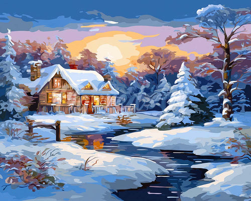 Diamond Painting - Baita Invernale al Tramonto