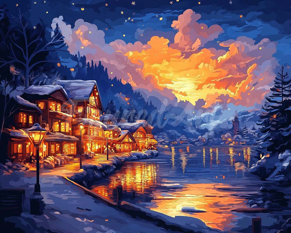 Diamond Painting - Villaggio sul Lago Illuminato