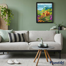 Carica l'immagine nel visualizzatore di Gallery, Diamond Painting - Highland Cow sulle colline in fiore