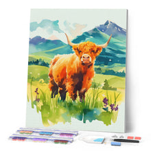 Carica l'immagine nel visualizzatore di Gallery, Diamond Painting - Highland Cow nella valle pastello