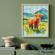 Carica l'immagine nel visualizzatore di Gallery, Diamond Painting - Highland Cow nella valle pastello