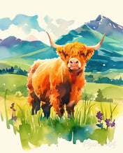 Carica l'immagine nel visualizzatore di Gallery, Diamond Painting - Highland Cow nella valle pastello
