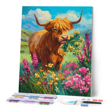 Carica l'immagine nel visualizzatore di Gallery, Diamond Painting - Ritratto di Highland Cow tra i fiori
