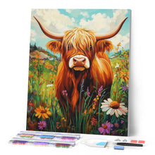 Carica l'immagine nel visualizzatore di Gallery, Diamond Painting - Ritratto di Highland Cow tra fiori di campo