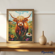 Carica l'immagine nel visualizzatore di Gallery, Diamond Painting - Ritratto di Highland Cow tra fiori di campo