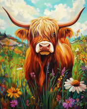 Carica l'immagine nel visualizzatore di Gallery, Diamond Painting - Ritratto di Highland Cow tra fiori di campo