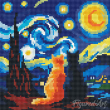 Carica l'immagine nel visualizzatore di Gallery, Mini Diamond Painting 25x25cm Coppia di gatti sotto la Notte Stellata