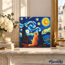 Carica l'immagine nel visualizzatore di Gallery, Mini Diamond Painting 25x25cm Coppia di gatti sotto la Notte Stellata