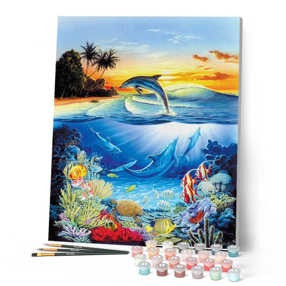 Runa Art Quadro Murale Tela Non Tessuta 5 Pezzi - Spiaggia Delfini E Palme, Stampa Panoramica Arancione Per Camera Letto Corridoio, 600253a