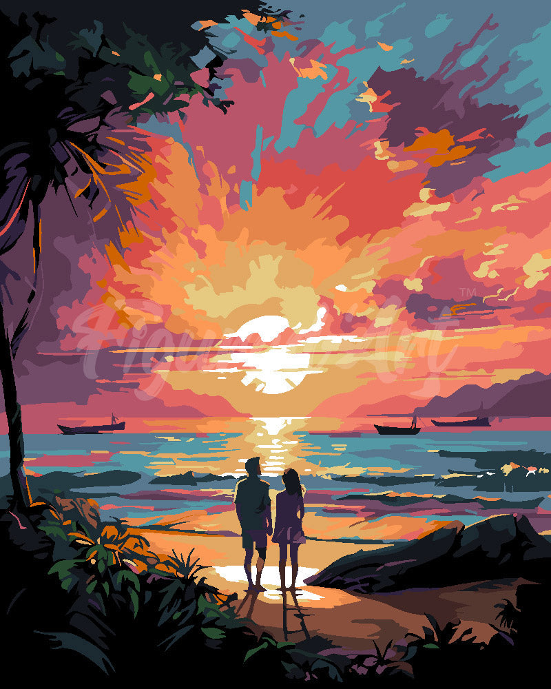 Jawecci Dipingi Con I Numeri Per Adulti 20x20cm Con Cornice - Kit Paint By Numbers Paesaggio Tramonto, Completo Di Pennelli E Colori