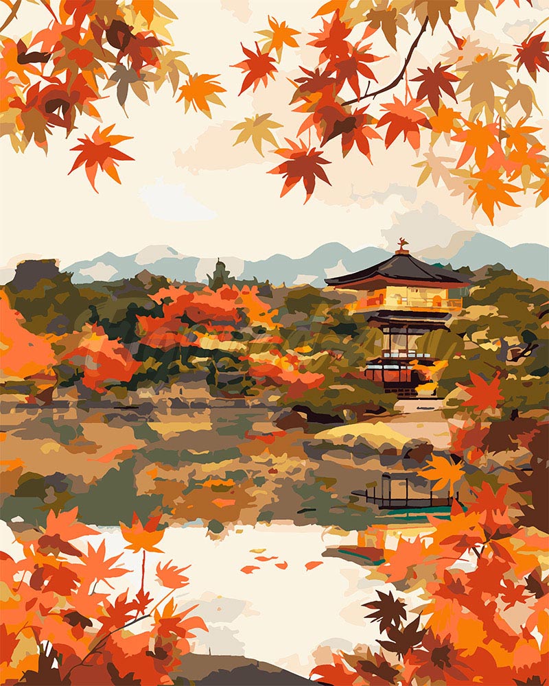 Dipingere con i numeri - Tempio giapponese sul lago in autunno Figured'Art