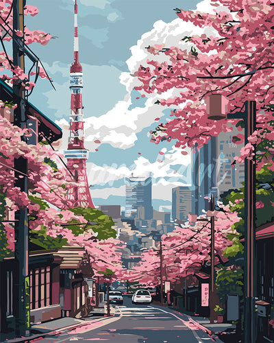 Dipingere con i numeri - Strada a Tokyo e Ciliegi in Fiore Figured'Art