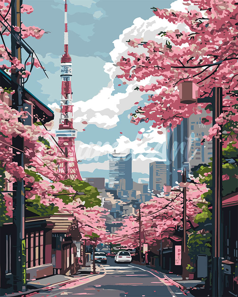 Dipingere con i numeri - Strada a Tokyo e Ciliegi in Fiore Figured'Art