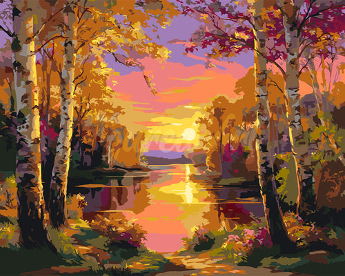 Dipingere con i numeri - Lago tra le Betulle al Tramonto Figured'Art