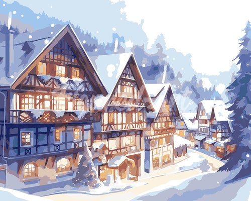 Dipingere con i numeri - Villaggio Innevato ad Acquerello Figured'Art