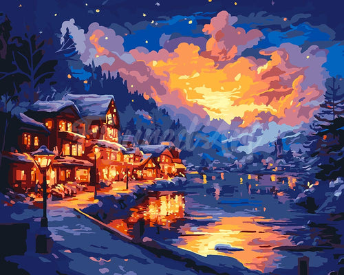 Dipingere con i numeri - Villaggio sul Lago Illuminato Figured'Art