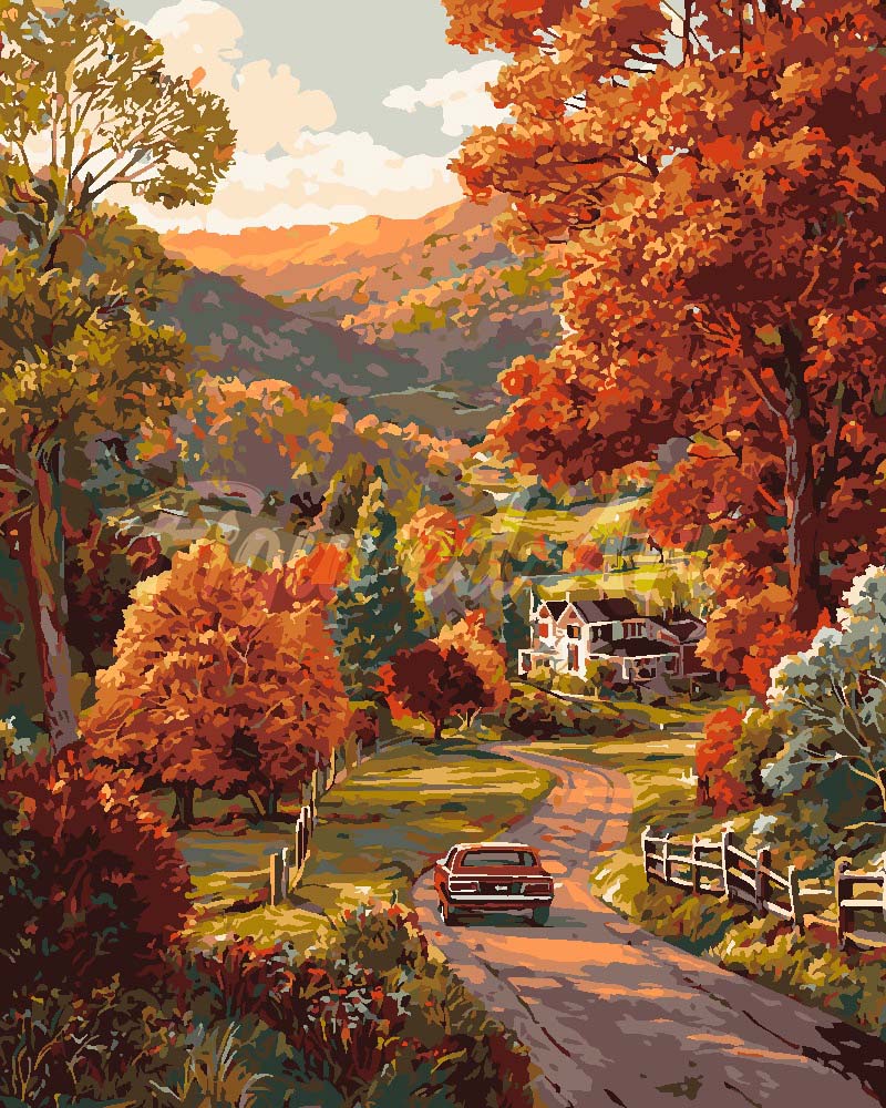 Dipingere con i numeri - Strada di campagna in autunno Figured'Art