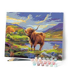 Carica l'immagine nel visualizzatore di Gallery, Dipingere con i numeri - Highland Cow tra cieli dipinti